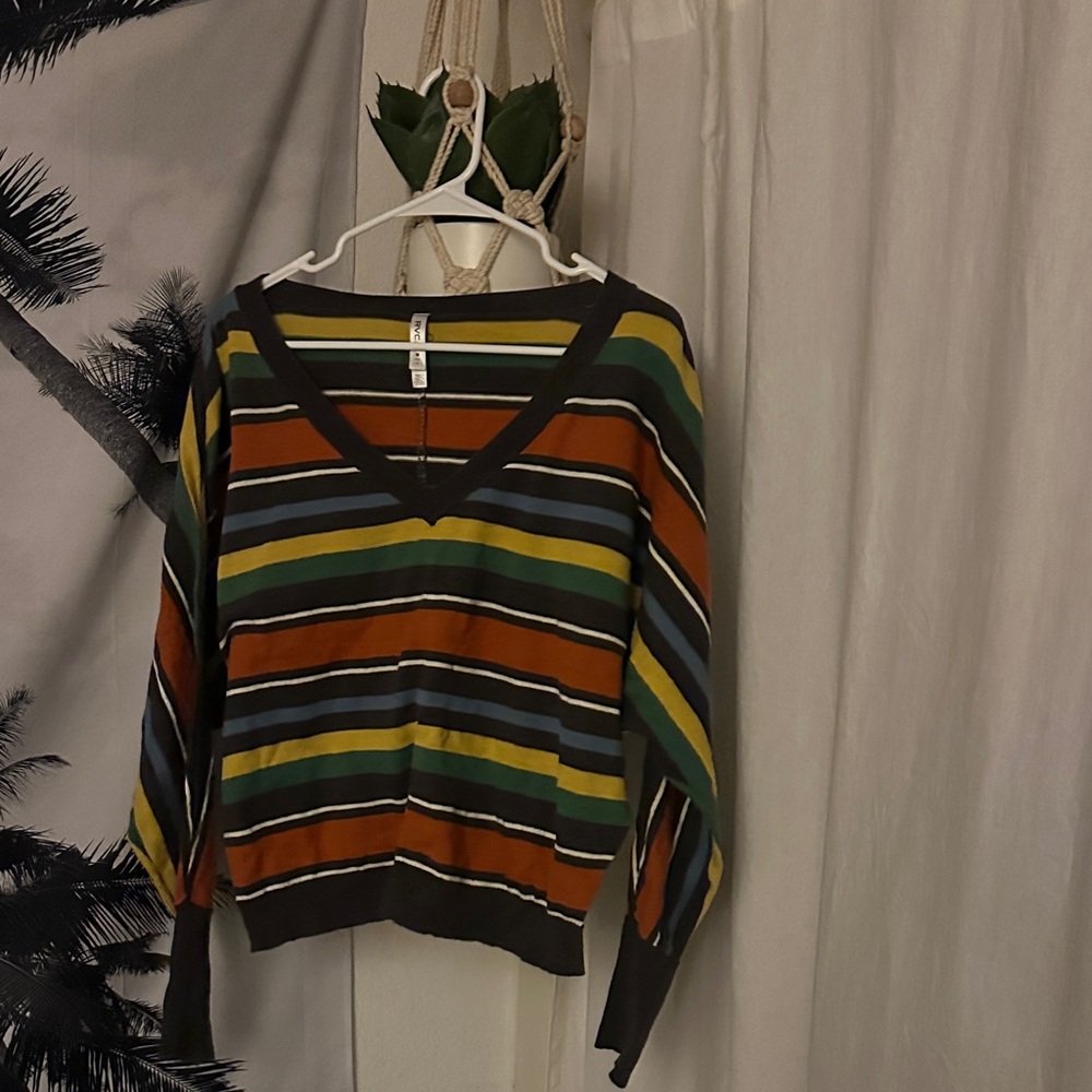 RVCA Striped V-Neck Sweater in Grey, Green, Yellow, Blue, Orange, and White